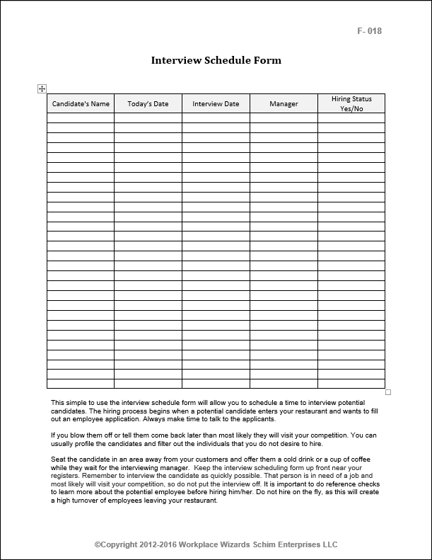 Interview Schedule Form Workplace Wizards Restaurant Consulting