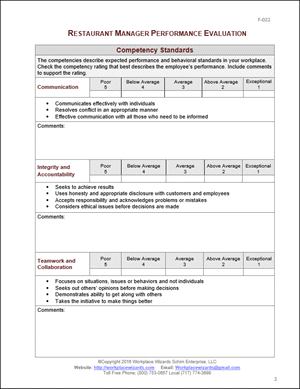 restaurant manager performance evaluation form
